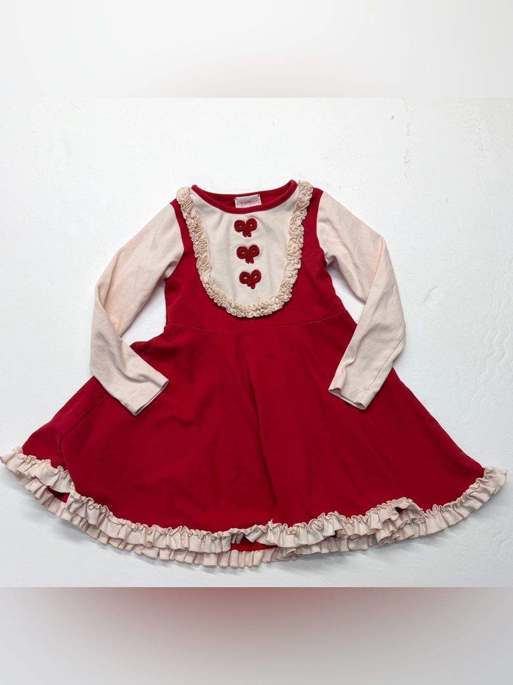 Lemon Loves Lime Red Cream Ruffle Bow Appliqué Long-Sleeve Dress